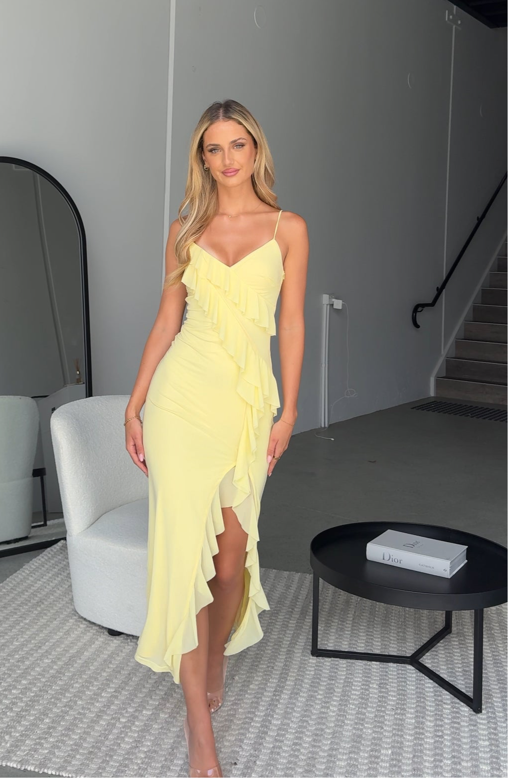 yellow maxi dress with ruffles for summer