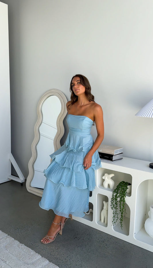 blue ruffle strapless dress for wedding guest 