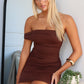 TANASHE OFF SHOULDER MINI DRESS - CHOCOLATE
