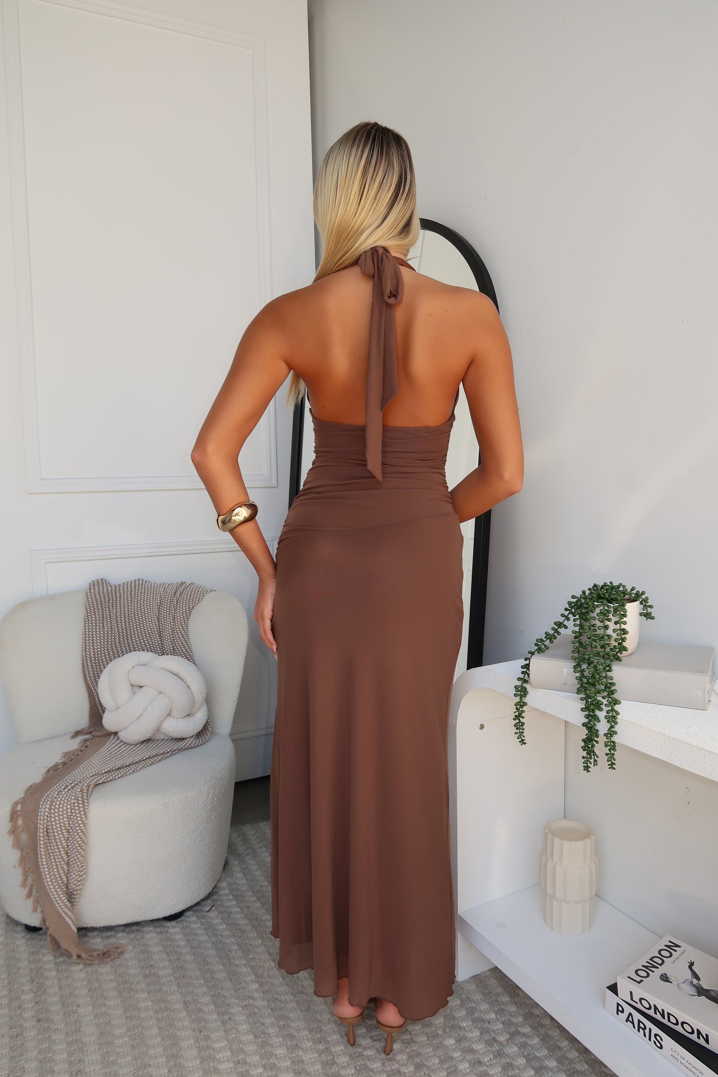 NYREE HALTER MAXI DRESS - CHOCOLATE