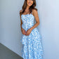 floral blue ruffle tiered strapless summer maxi dress for wedding